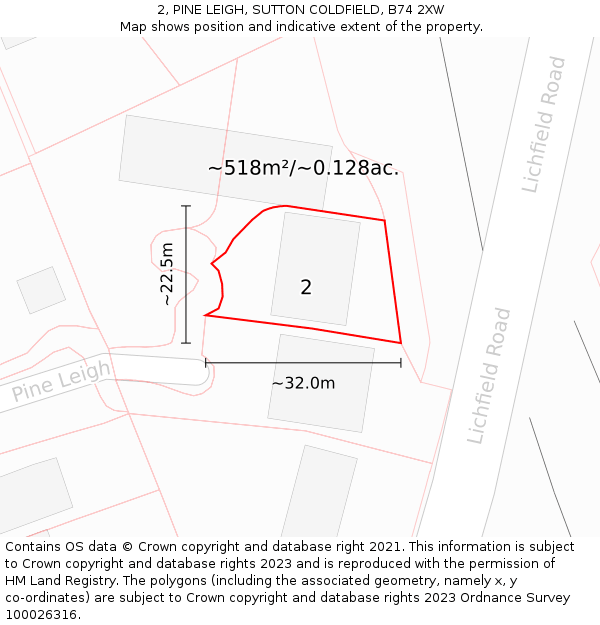 2, PINE LEIGH, SUTTON COLDFIELD, B74 2XW: Plot and title map