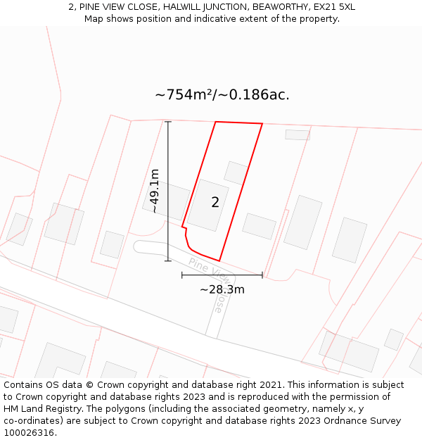 2, PINE VIEW CLOSE, HALWILL JUNCTION, BEAWORTHY, EX21 5XL: Plot and title map