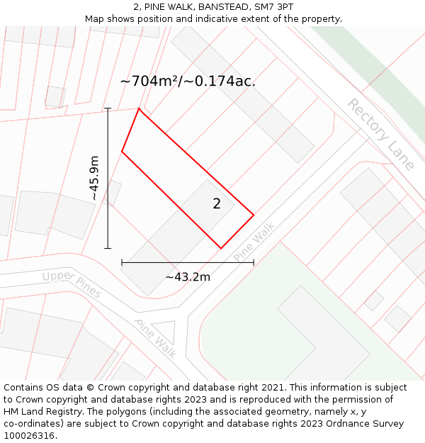 2, PINE WALK, BANSTEAD, SM7 3PT: Plot and title map