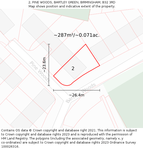 2, PINE WOODS, BARTLEY GREEN, BIRMINGHAM, B32 3RD: Plot and title map