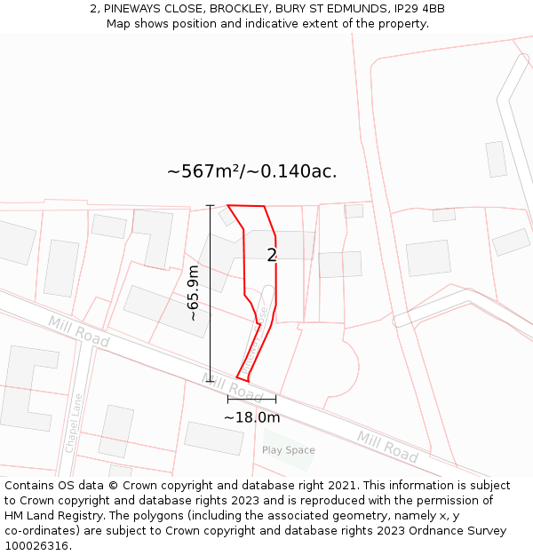 2, PINEWAYS CLOSE, BROCKLEY, BURY ST EDMUNDS, IP29 4BB: Plot and title map