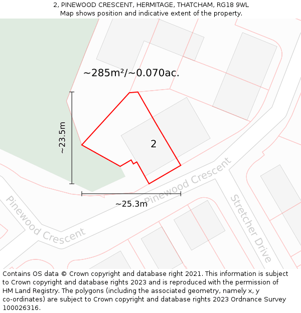 2, PINEWOOD CRESCENT, HERMITAGE, THATCHAM, RG18 9WL: Plot and title map