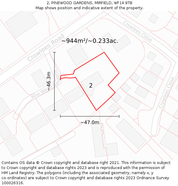 2, PINEWOOD GARDENS, MIRFIELD, WF14 9TB: Plot and title map