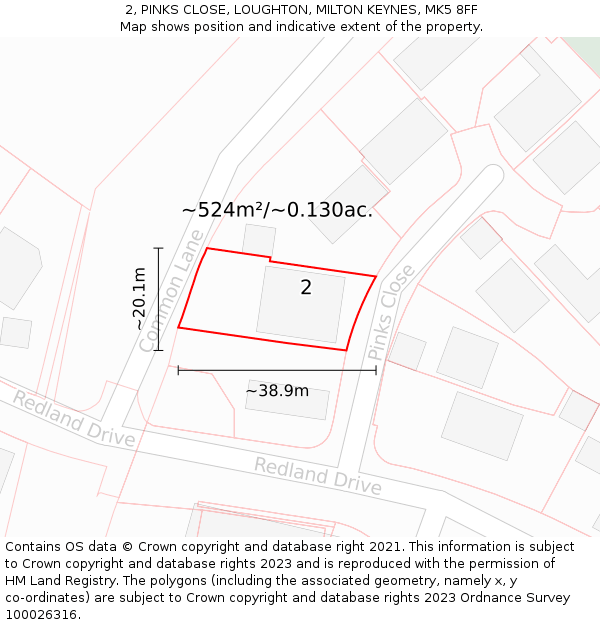 2, PINKS CLOSE, LOUGHTON, MILTON KEYNES, MK5 8FF: Plot and title map