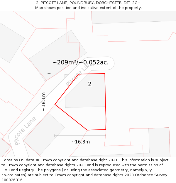 2, PITCOTE LANE, POUNDBURY, DORCHESTER, DT1 3GH: Plot and title map
