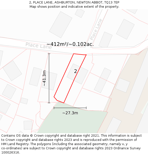 2, PLACE LANE, ASHBURTON, NEWTON ABBOT, TQ13 7EP: Plot and title map