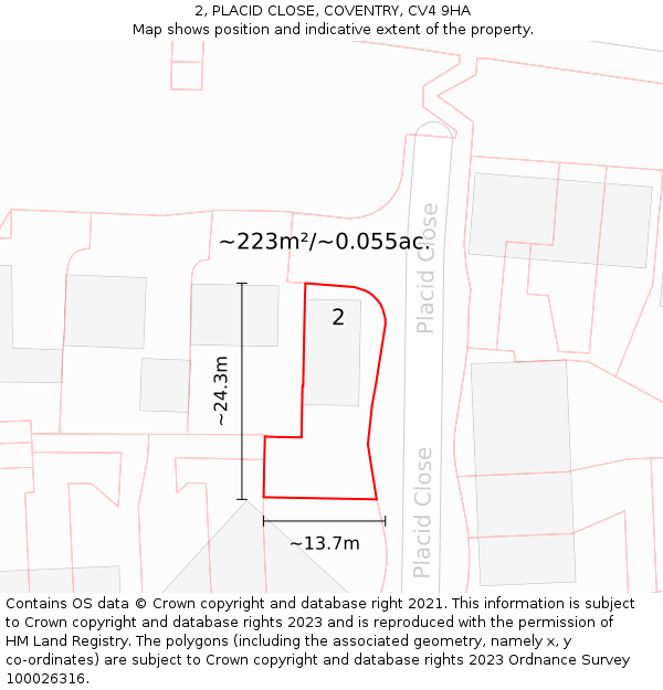 2, PLACID CLOSE, COVENTRY, CV4 9HA: Plot and title map