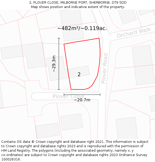 2, PLOVER CLOSE, MILBORNE PORT, SHERBORNE, DT9 5DD: Plot and title map