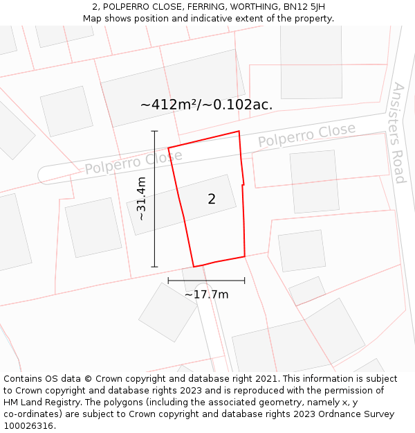 2, POLPERRO CLOSE, FERRING, WORTHING, BN12 5JH: Plot and title map