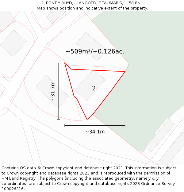 2, PONT Y RHYD, LLANGOED, BEAUMARIS, LL58 8NU: Plot and title map