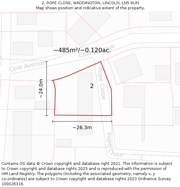 2, POPE CLOSE, WADDINGTON, LINCOLN, LN5 9UN: Plot and title map