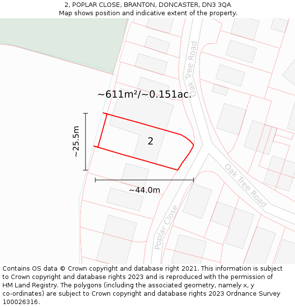 2, POPLAR CLOSE, BRANTON, DONCASTER, DN3 3QA: Plot and title map