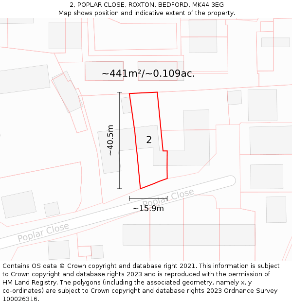 2, POPLAR CLOSE, ROXTON, BEDFORD, MK44 3EG: Plot and title map