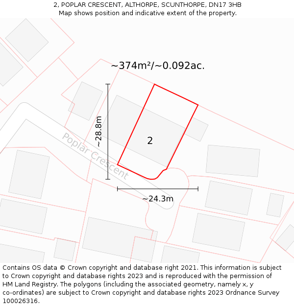 2, POPLAR CRESCENT, ALTHORPE, SCUNTHORPE, DN17 3HB: Plot and title map