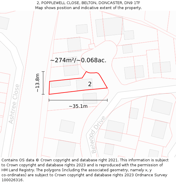 2, POPPLEWELL CLOSE, BELTON, DONCASTER, DN9 1TF: Plot and title map