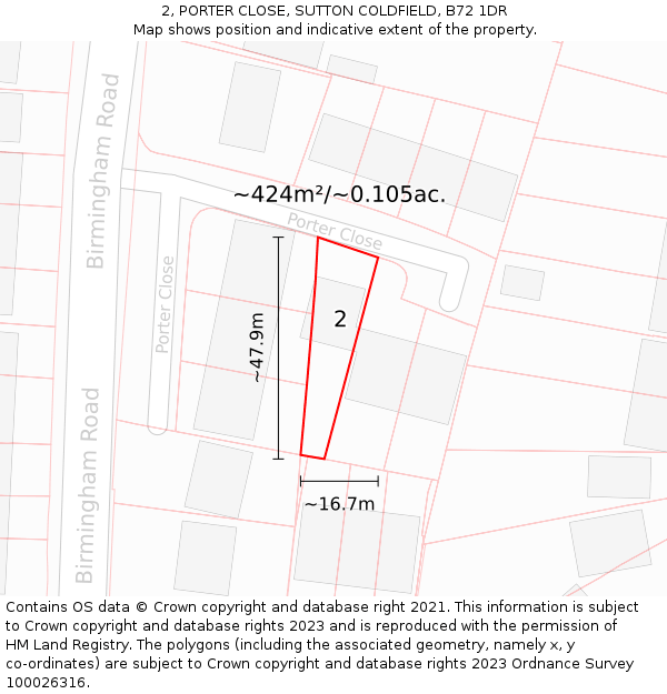 2, PORTER CLOSE, SUTTON COLDFIELD, B72 1DR: Plot and title map
