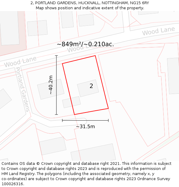 2, PORTLAND GARDENS, HUCKNALL, NOTTINGHAM, NG15 6RY: Plot and title map