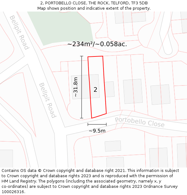 2, PORTOBELLO CLOSE, THE ROCK, TELFORD, TF3 5DB: Plot and title map