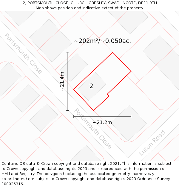 2, PORTSMOUTH CLOSE, CHURCH GRESLEY, SWADLINCOTE, DE11 9TH: Plot and title map