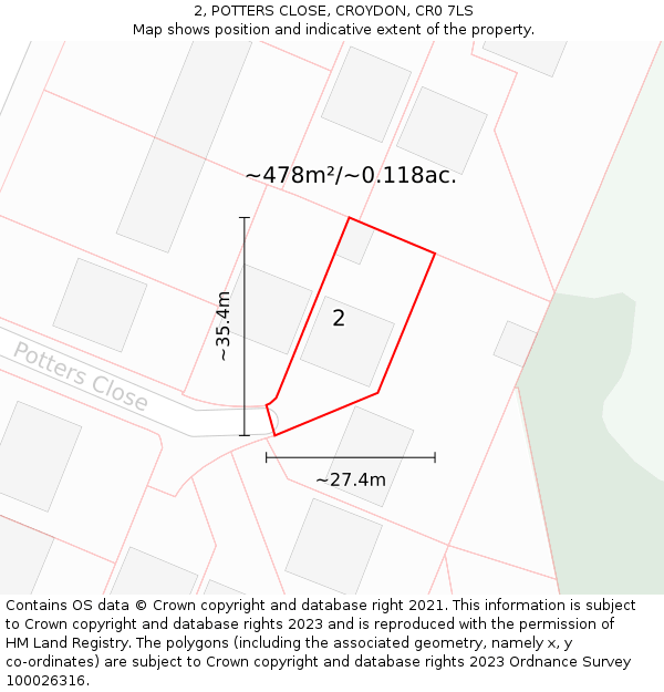 2, POTTERS CLOSE, CROYDON, CR0 7LS: Plot and title map