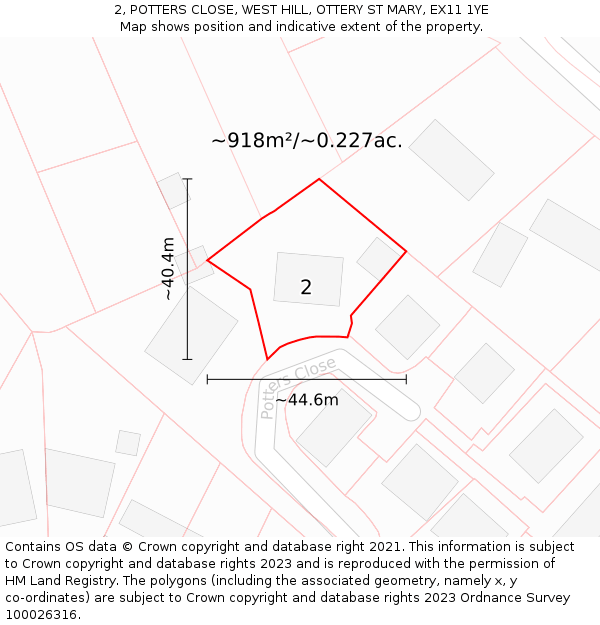 2, POTTERS CLOSE, WEST HILL, OTTERY ST MARY, EX11 1YE: Plot and title map