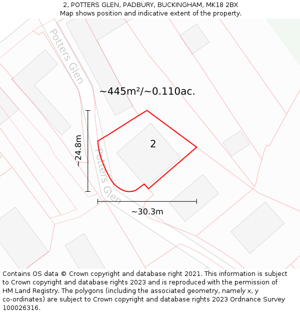 2, POTTERS GLEN, PADBURY, BUCKINGHAM, MK18 2BX: Plot and title map