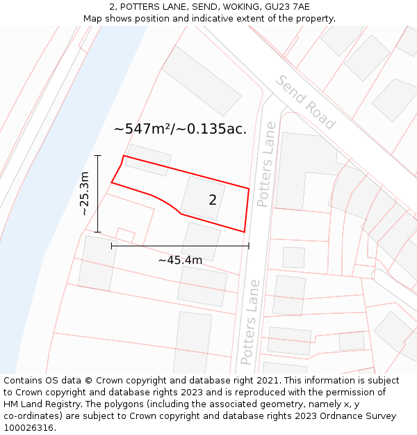 2, POTTERS LANE, SEND, WOKING, GU23 7AE: Plot and title map