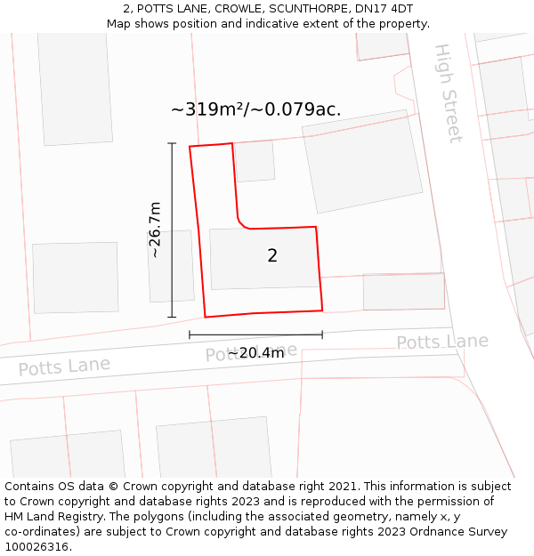 2, POTTS LANE, CROWLE, SCUNTHORPE, DN17 4DT: Plot and title map
