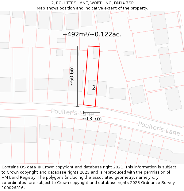 2, POULTERS LANE, WORTHING, BN14 7SP: Plot and title map
