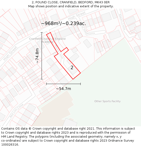 2, POUND CLOSE, CRANFIELD, BEDFORD, MK43 0ER: Plot and title map