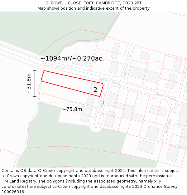 2, POWELL CLOSE, TOFT, CAMBRIDGE, CB23 2RT: Plot and title map