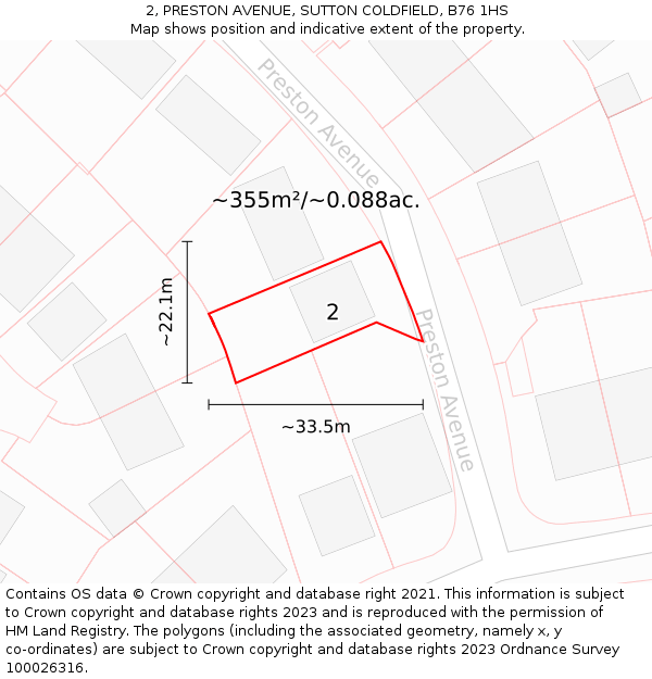 2, PRESTON AVENUE, SUTTON COLDFIELD, B76 1HS: Plot and title map