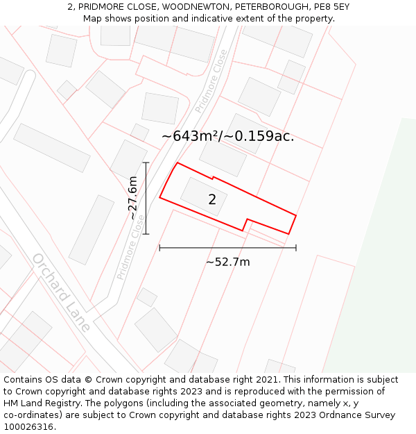 2, PRIDMORE CLOSE, WOODNEWTON, PETERBOROUGH, PE8 5EY: Plot and title map