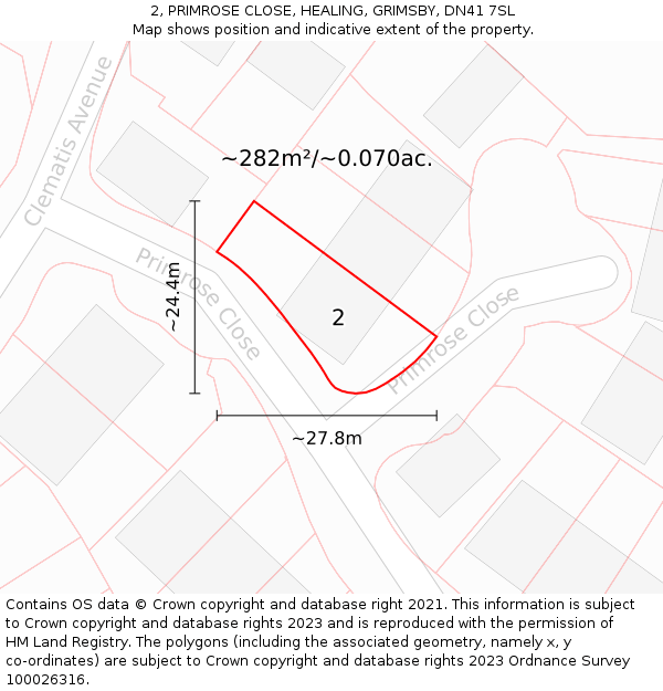 2, PRIMROSE CLOSE, HEALING, GRIMSBY, DN41 7SL: Plot and title map
