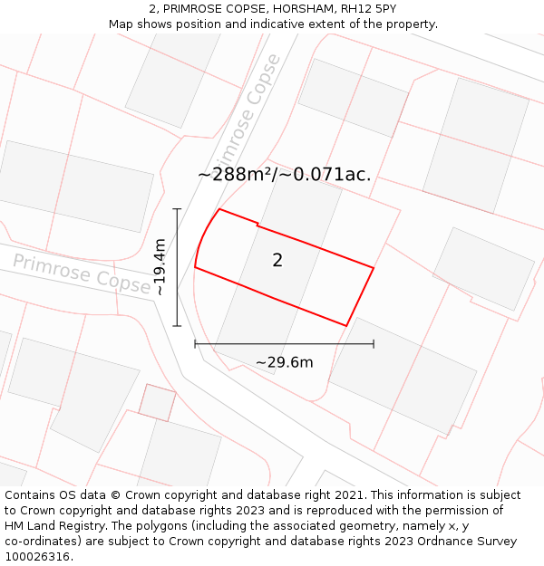 2, PRIMROSE COPSE, HORSHAM, RH12 5PY: Plot and title map