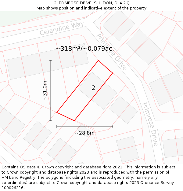 2, PRIMROSE DRIVE, SHILDON, DL4 2JQ: Plot and title map