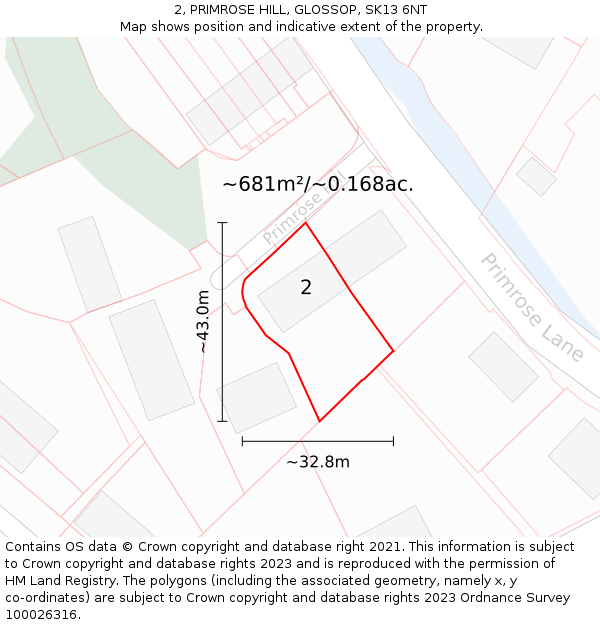 2, PRIMROSE HILL, GLOSSOP, SK13 6NT: Plot and title map