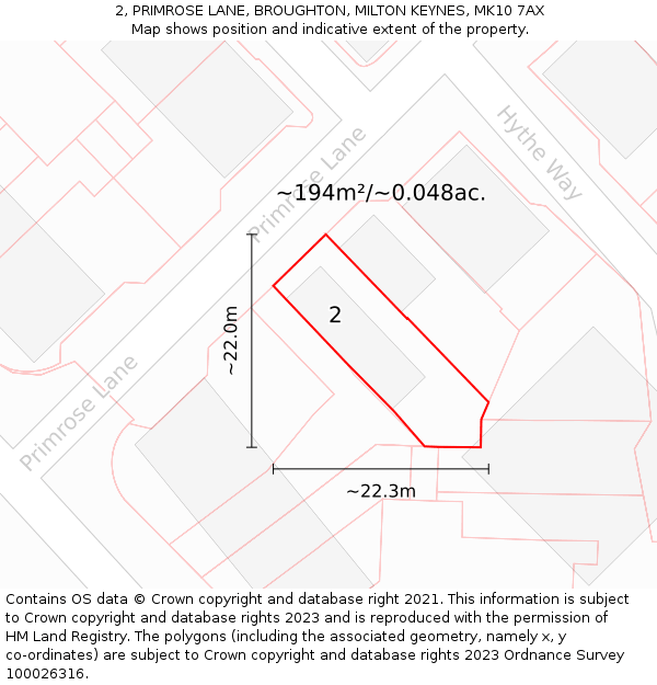 2, PRIMROSE LANE, BROUGHTON, MILTON KEYNES, MK10 7AX: Plot and title map