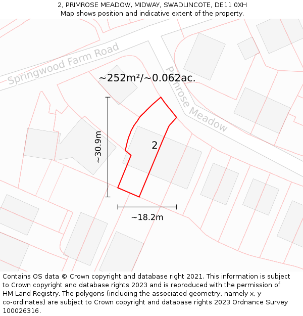 2, PRIMROSE MEADOW, MIDWAY, SWADLINCOTE, DE11 0XH: Plot and title map