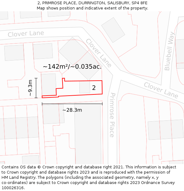 2, PRIMROSE PLACE, DURRINGTON, SALISBURY, SP4 8FE: Plot and title map