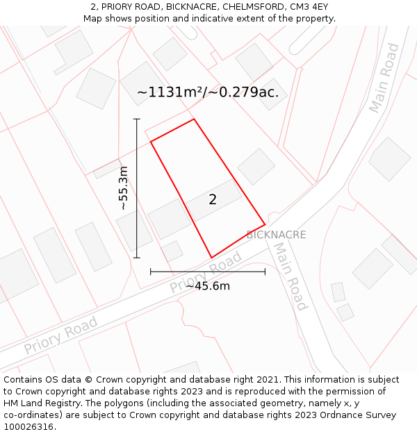 2, PRIORY ROAD, BICKNACRE, CHELMSFORD, CM3 4EY: Plot and title map
