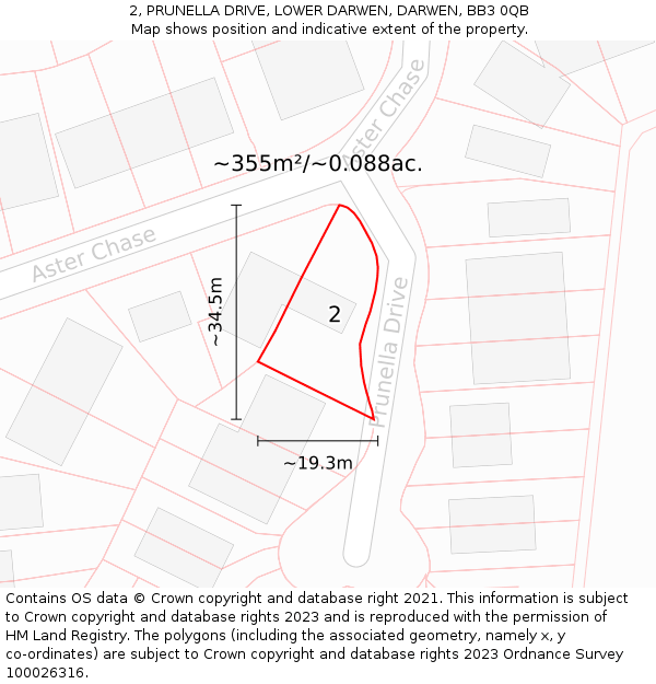 2, PRUNELLA DRIVE, LOWER DARWEN, DARWEN, BB3 0QB: Plot and title map