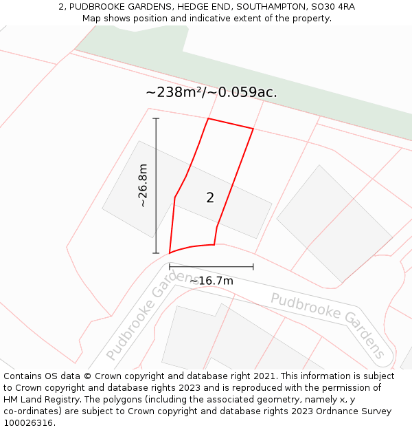 2, PUDBROOKE GARDENS, HEDGE END, SOUTHAMPTON, SO30 4RA: Plot and title map