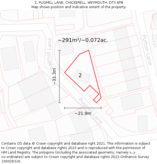 2, PUGMILL LANE, CHICKERELL, WEYMOUTH, DT3 4PB: Plot and title map