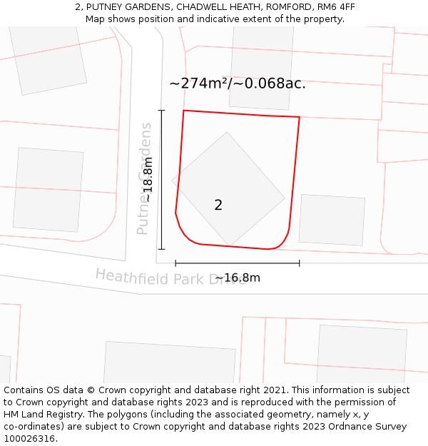 2, PUTNEY GARDENS, CHADWELL HEATH, ROMFORD, RM6 4FF: Plot and title map