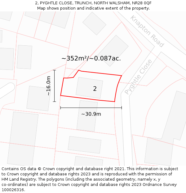2, PYGHTLE CLOSE, TRUNCH, NORTH WALSHAM, NR28 0QF: Plot and title map