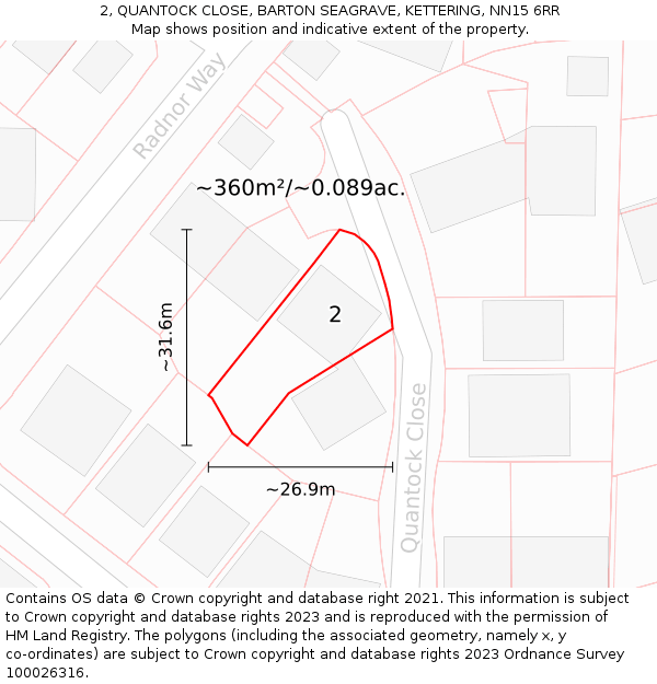 2, QUANTOCK CLOSE, BARTON SEAGRAVE, KETTERING, NN15 6RR: Plot and title map