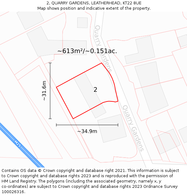 2, QUARRY GARDENS, LEATHERHEAD, KT22 8UE: Plot and title map