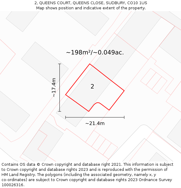 2, QUEENS COURT, QUEENS CLOSE, SUDBURY, CO10 1US: Plot and title map