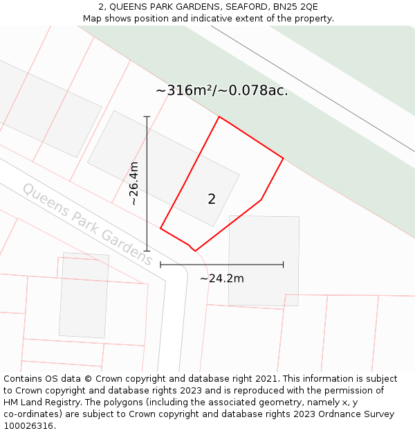2, QUEENS PARK GARDENS, SEAFORD, BN25 2QE: Plot and title map